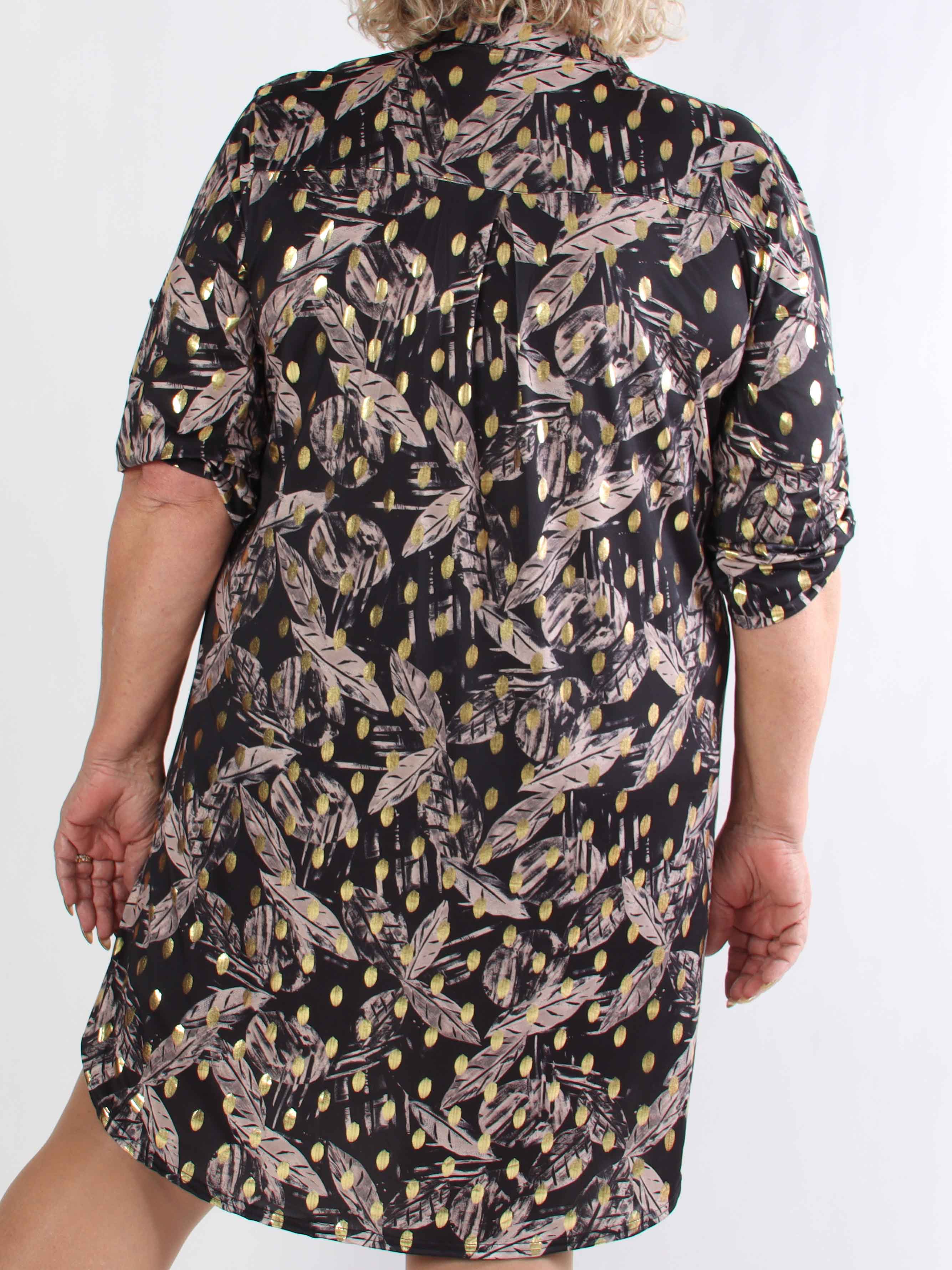 Ebba Leaf Long - Elastisk plus size kjole med bladmønster og guld dutter